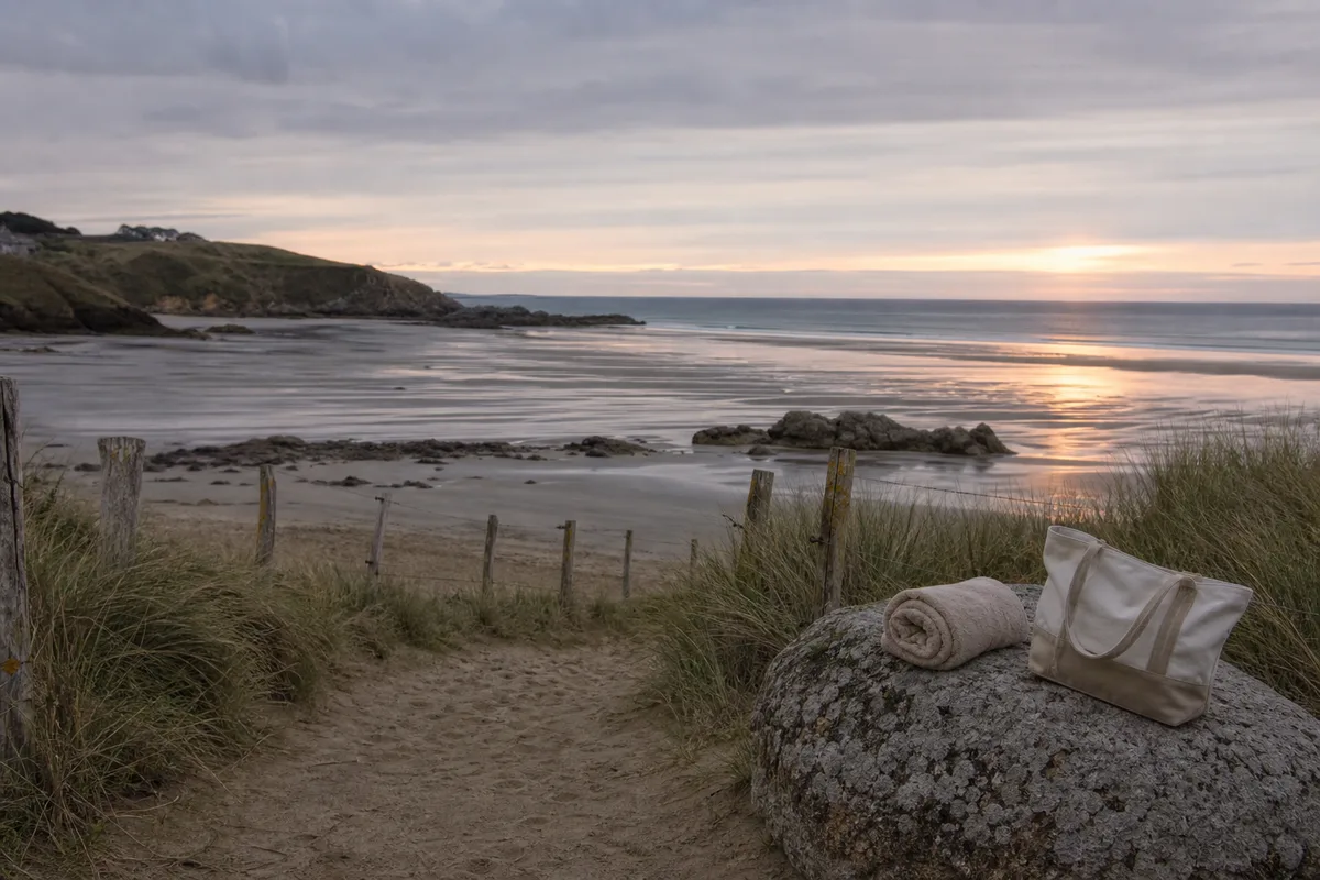Sentier côtier et plage atlantique déserte en arrière-saison au petit matin