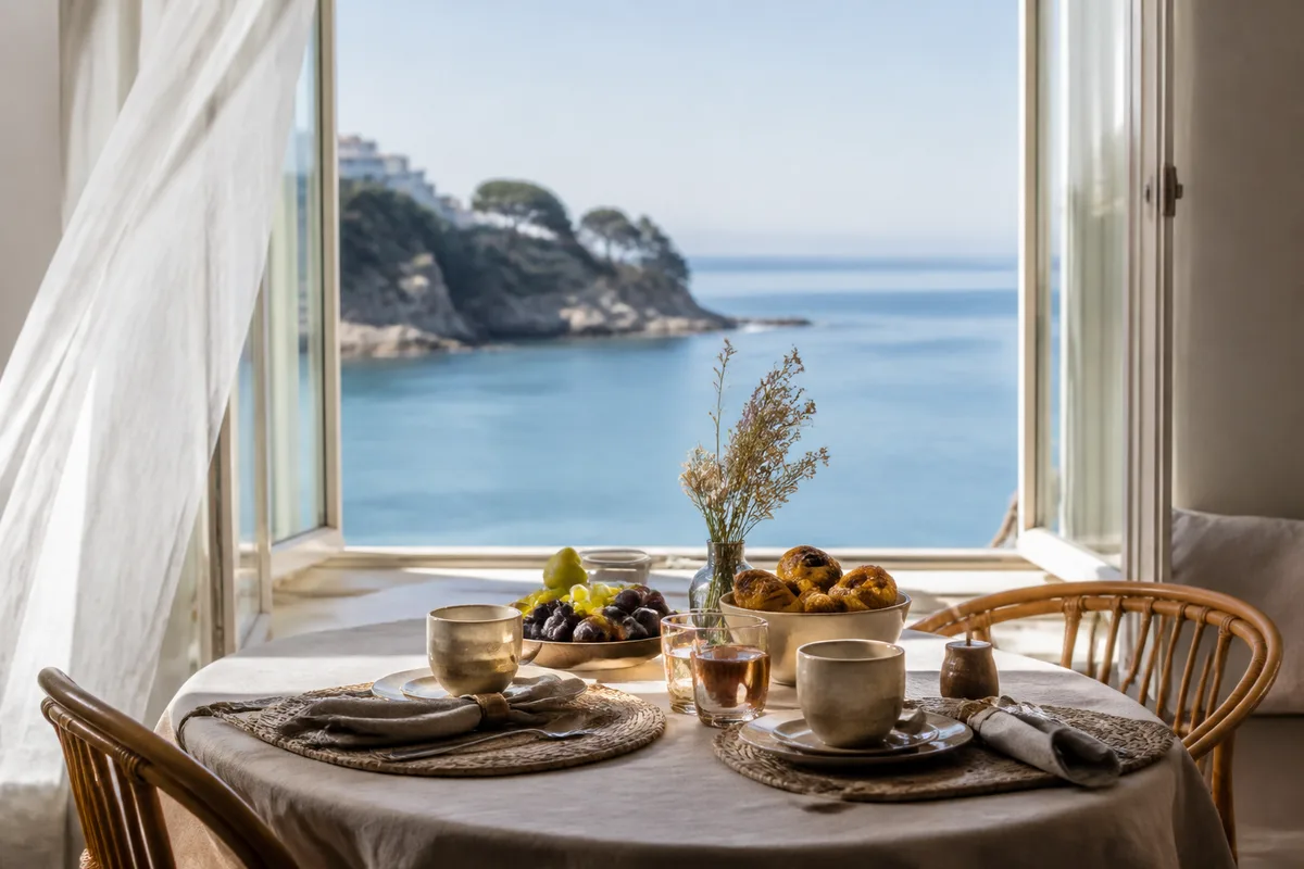 Table de petit-déjeuner près d’une fenêtre ouverte sur l’océan atlantique