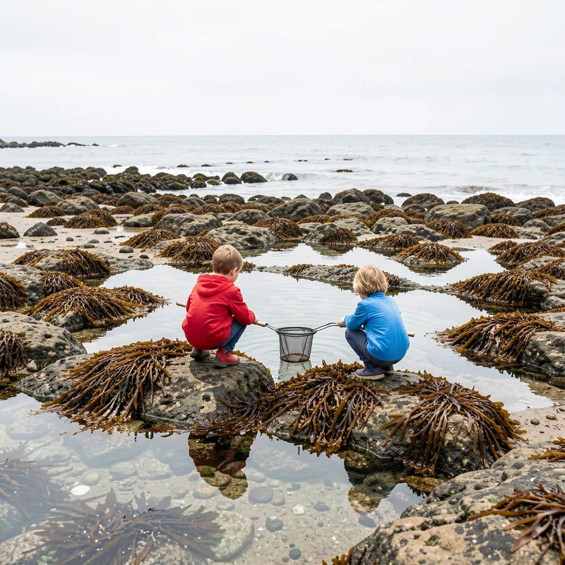Enfants explorant les rochers et les flaques d’un estran à marée basse