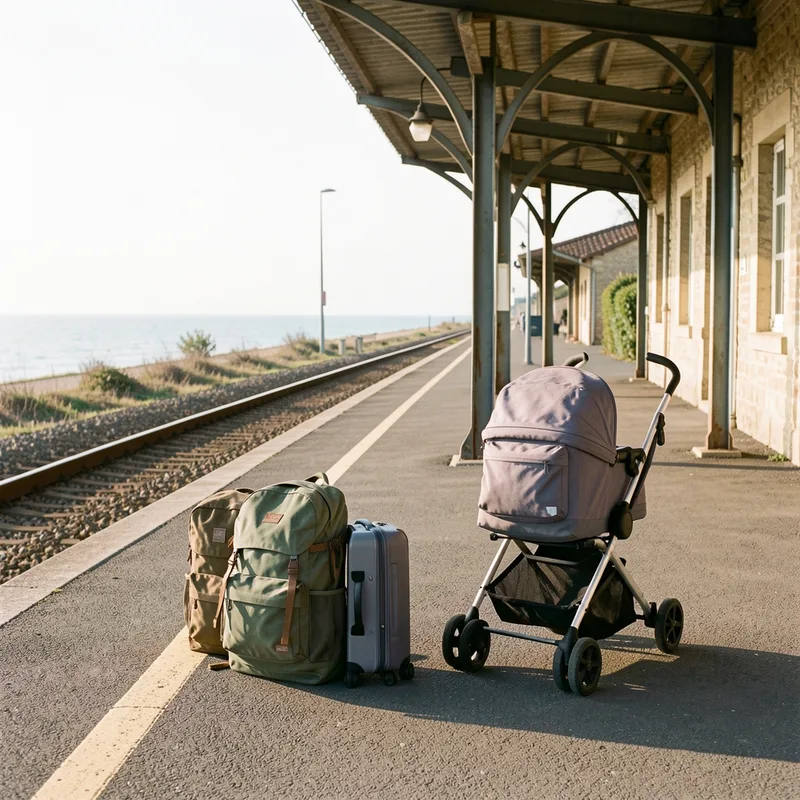 Bagages et poussette sur le quai d’une petite gare de bord de mer