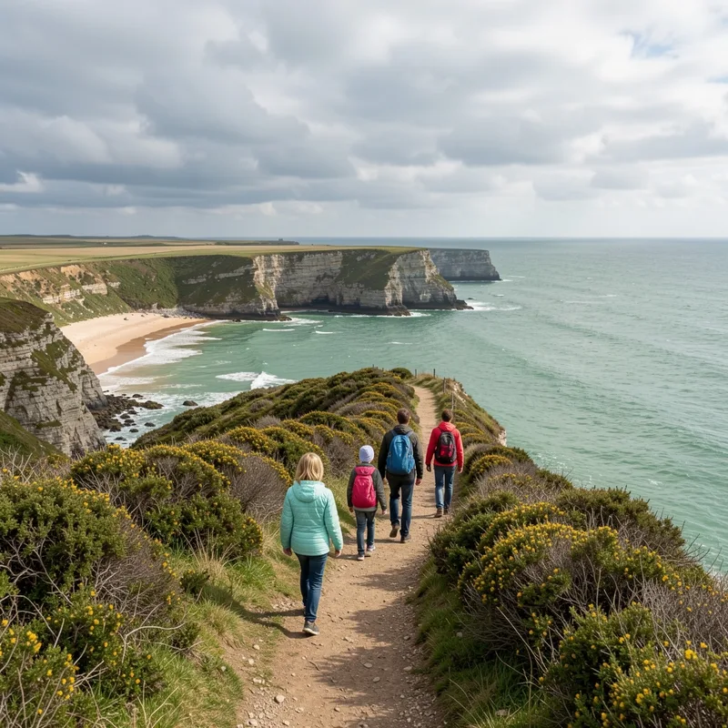 Famille marchant sur un sentier côtier surplombant des criques de sable
