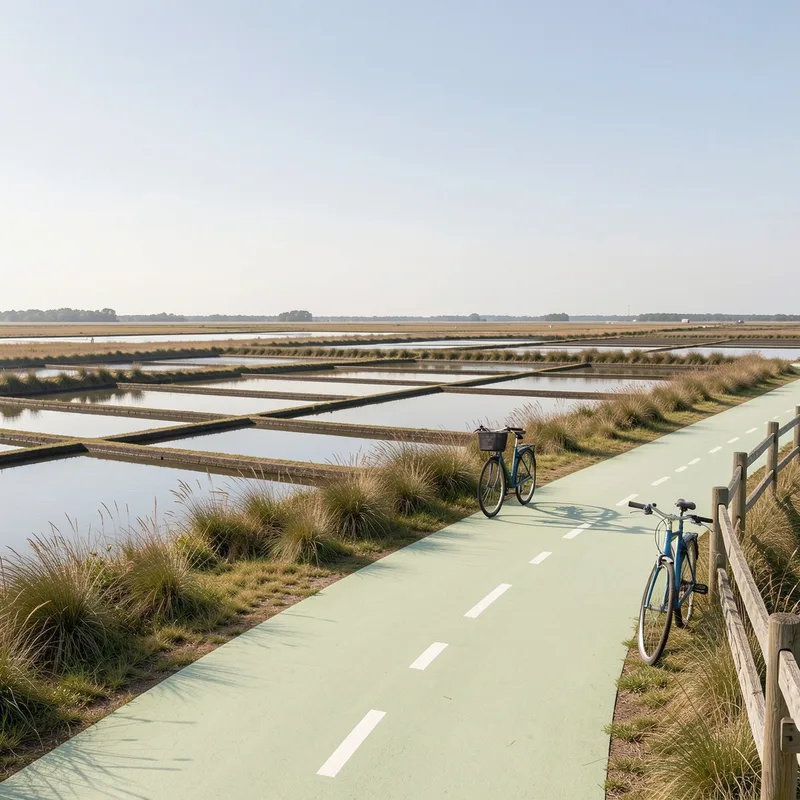 Voie verte cyclable longeant des marais salants sous un ciel dégagé